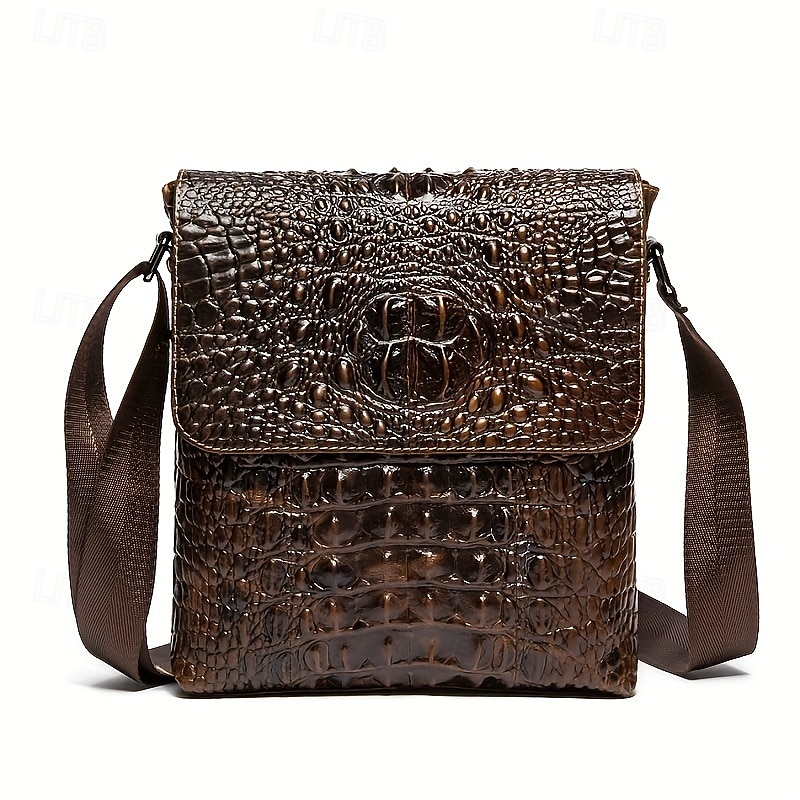 Men's Brown Crocodile Pattern Crossbody Bag, Stylish Leather Shoulder Messenger Bag for Daily Use and Casual Occasions