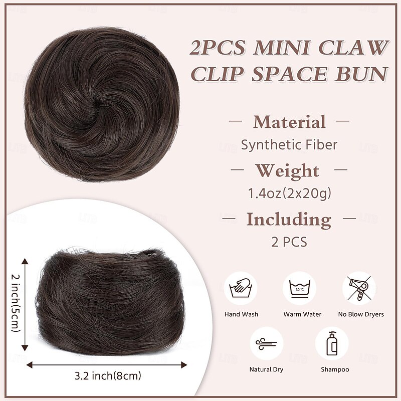 2PCS Space Bun Hair Pieces,Mini Claw Clip in Hair Bun Hair Pieces Synthetic Scrunchies Princess Leia Buns Hair Extension Space Buns Clip in Hair Pieces for Women2