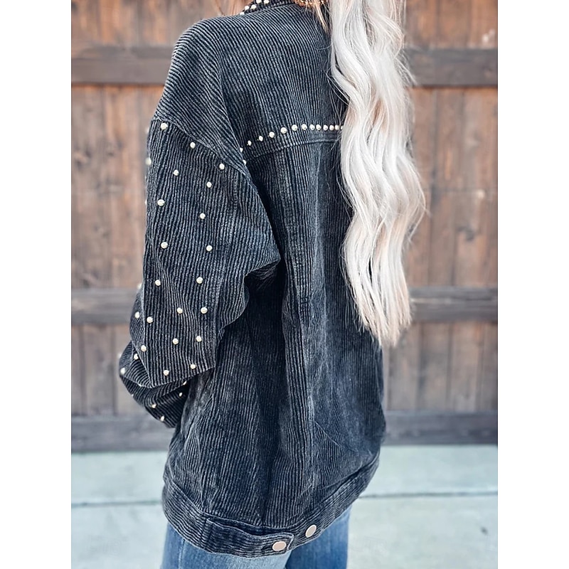 Women's Casual Jacket Dailywear Button Solid Color Comfortable Stylish Regular Fit Outerwear Long Sleeve Fall Black S4