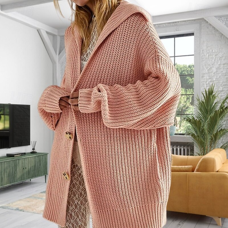 Women's Oversized Long Cardigan Open Front Chunky Knit Knitted Fall Winter Work Work Basic Long Sleeve Solid Color Pink Khaki4