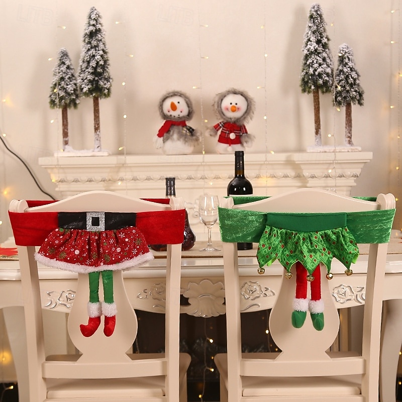 New Christmas Chair Covers, Santa Belt Chair Slipcovers, Festive Holiday Seat Covers with Girl Skirt Design for Dining Room and Home Decoration2