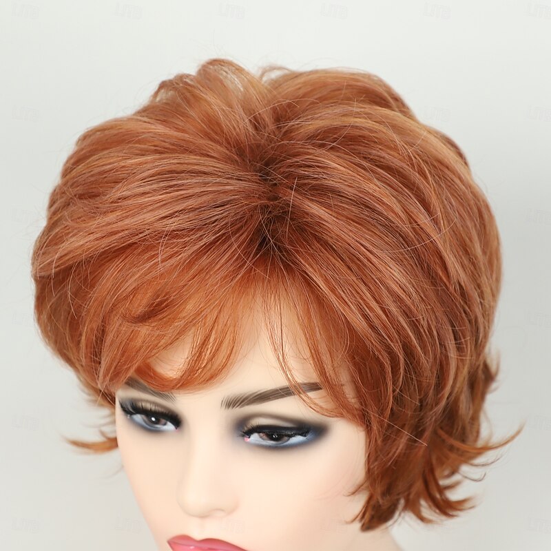 Orange Short Wigs for White Women, Brown Wig with Bangs Short Curly Pixie Cut Wigs Charming Synthetic Glueless Layered Wavy Wigs For Old Lady4