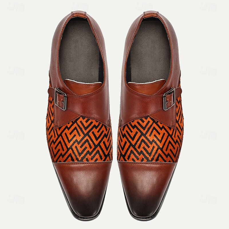 Men's Brown Leather Monk Strap Dress Shoes with Pony Hair Detailing, Luxury Formal Loafers for Business and Special Occasions2