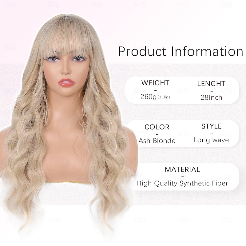 Wig with Bangs for Women Long Blonde Wavy Curly Wig Heat Resistant Synthetic Wig for Girls Daily Use Party Halloween Cosplay Wig2