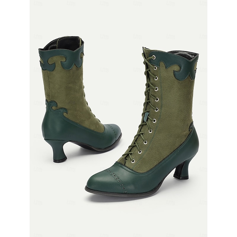 Women's Victorian Vintage Green Lace-Up Boots with Scalloped Trim and Brogue Detailing - Elegant High Heel Shoes for Cosplay, Steampunk, and Retro Outfits3