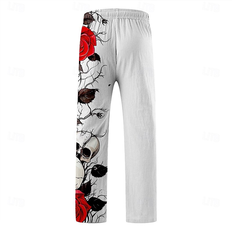 Halloween Men's Cool Skulls Rose Pants Trousers Mid Waist Drawstring Elastic Waist Hawaiian Horror Party Evening Wear Holiday Straight Leg Trousers Summer Spring Fall 3D Print Red Blue Purple2