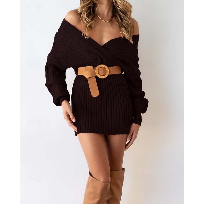 Women's Sweater Dress Daily Stylish Solid Color V Neck V Neck Bishop Sleeves Long Sleeve Regular Tops Knit Formal Outdoor Black Red Fall Winter2