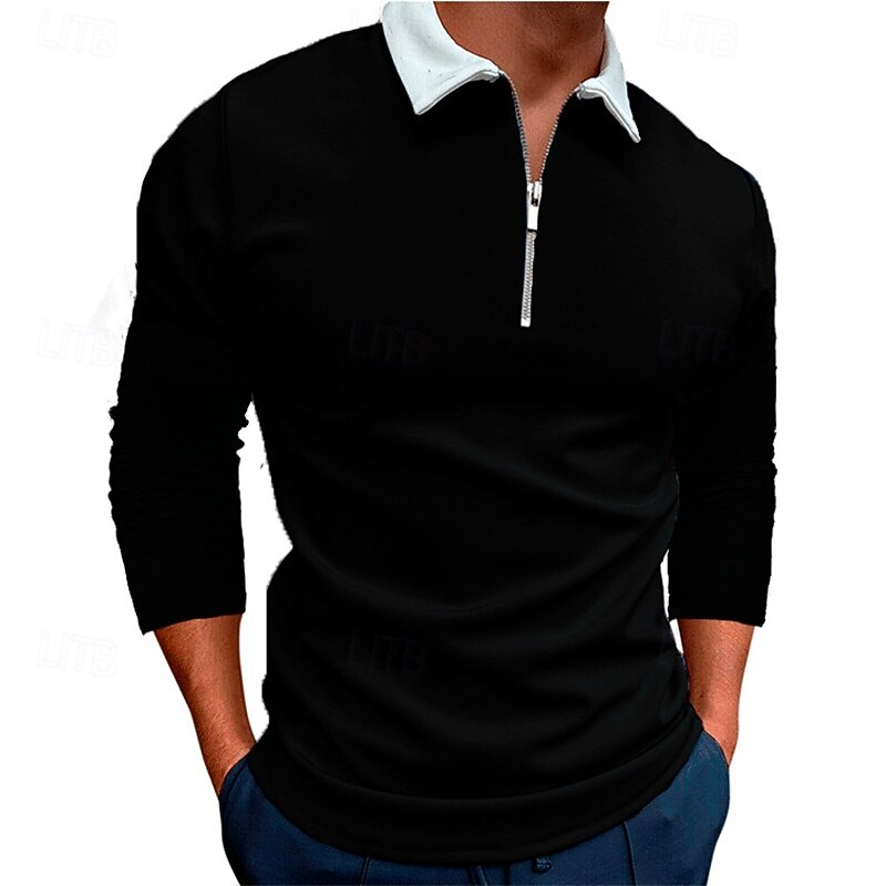 Men's Quarter Zip Polo Golf Shirt Daily Holiday Lapel Long Sleeve Fashion Modern Color Block Spring &  Fall Regular Fit Black White Wine Navy Blue Royal Blue Blue Quarter Zip Polo3