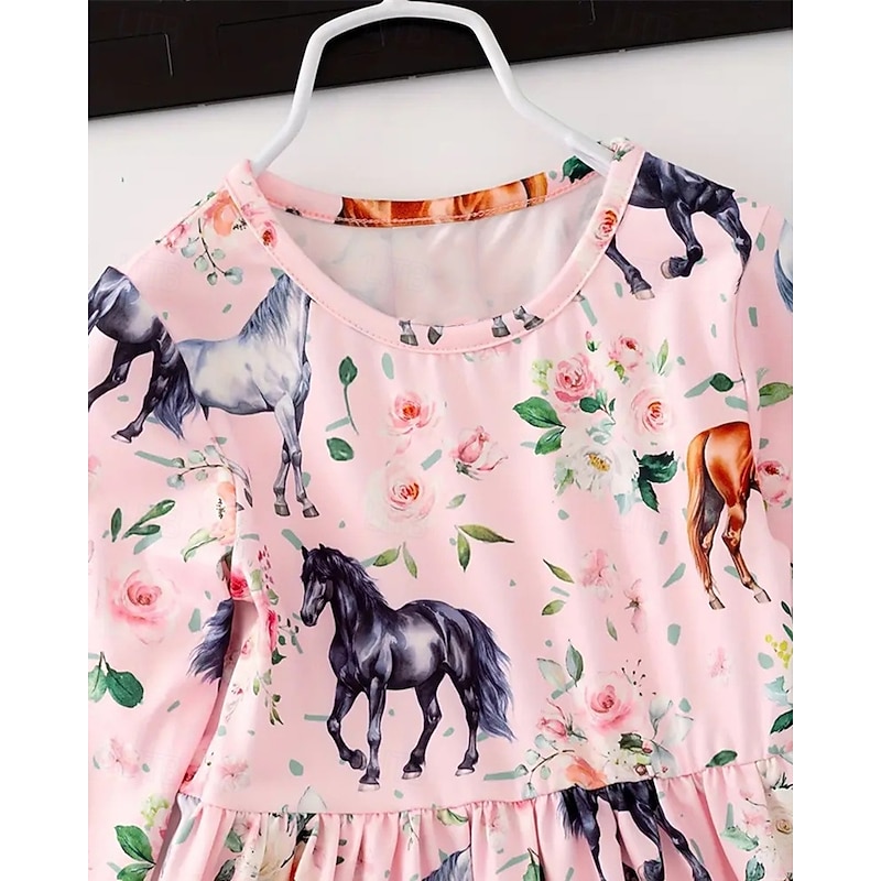 Girls' 3D Graphic Horse Dress Long Sleeve Summer Spring Vacation Daily Holiday Beautiful Sweet Kids 4-12 Years Casual Dress A Line Dress Knee-length Regular Fit4