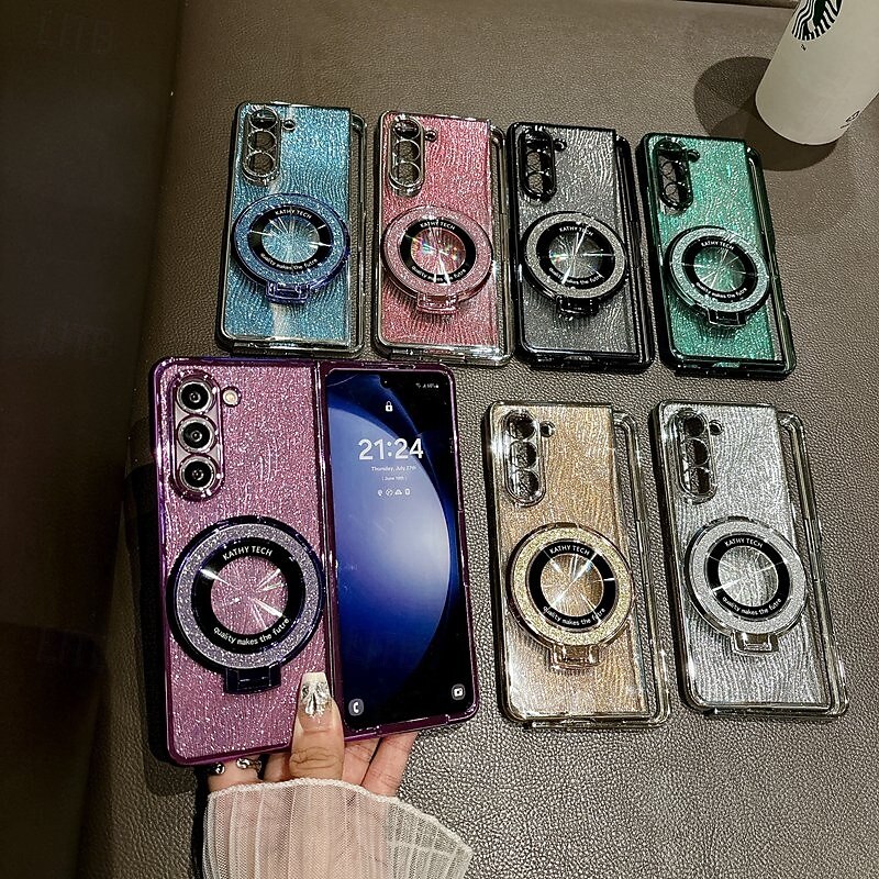 Phone Case For Z Fold 7 Z Fold 6 Z Fold 5 Z Fold 4 Z Fold 3 Back Cover with Stand Holder Support Wireless Charging Bling Glitter Shiny Retro TPU Plating