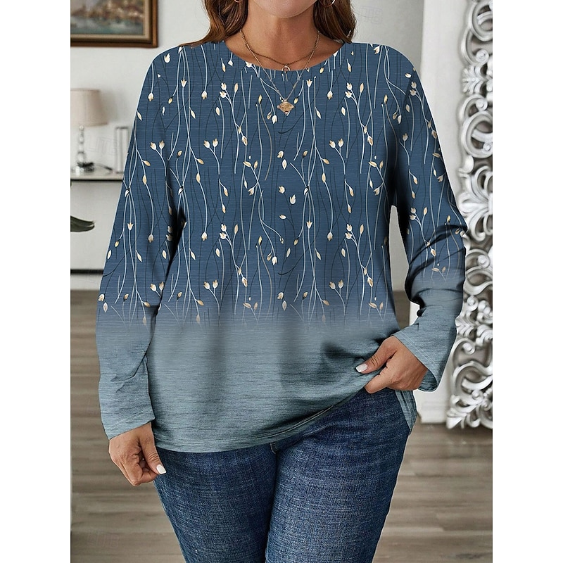 Women's Plus Size T Shirt Tops Tee Ombre Print Long Sleeve Crew Neck Casual Daily Fall Winter Blue2
