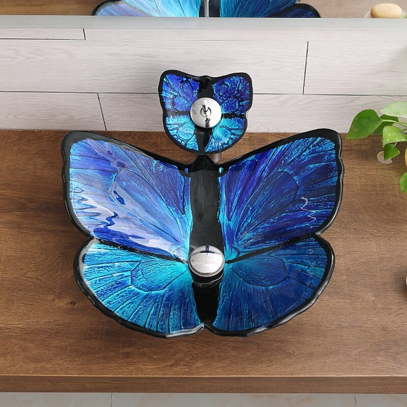Bathroom Vessel Sink Butterfly Shape Artistic Tempered Glass Vessel Sink Vessel Bowl Sink Countertop Vanity Vessel Sink with Waterfall Faucet and Pop Up Drain Combo2