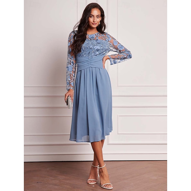 Women's Wedding Guest Dress Vintage Dress Midi Dress Ruched Mesh Elegant Cocktail Dresses Casual Crew Neck Long Sleeve Blue Color4
