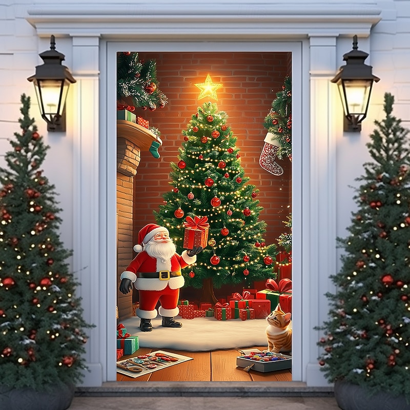 Christmas Door Decorations Door Covers Fireplace Xmas Door Tapestry Door Curtain Decoration Backdrop Indoor/Outdoor Door Banner for Front Door Farmhouse 12