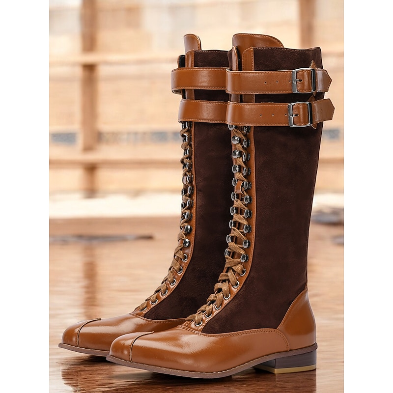 Women's Burgundy Faux Suede and Black Faux Leather Knee-High Lace-Up Boots – Vintage-Inspired Design with Double Buckle Straps, Perfect for Casual and Formal Wear2