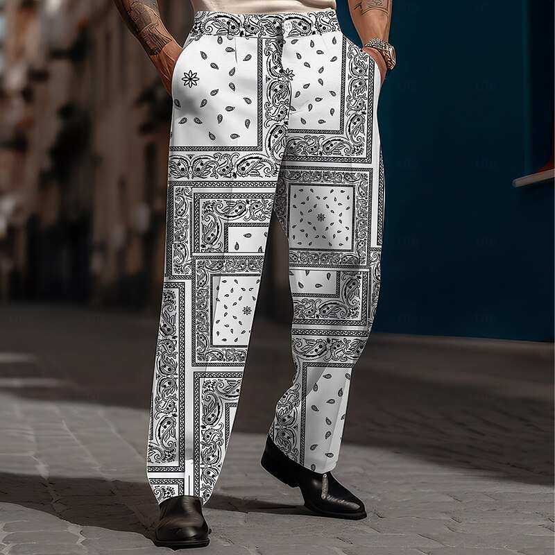 Men's Plaid Dress Pants Mid Waist Casual Tribal Formal Dailywear Zipper Pocket Straight Leg Trousers Summer Spring Fall 3D Print Black White4