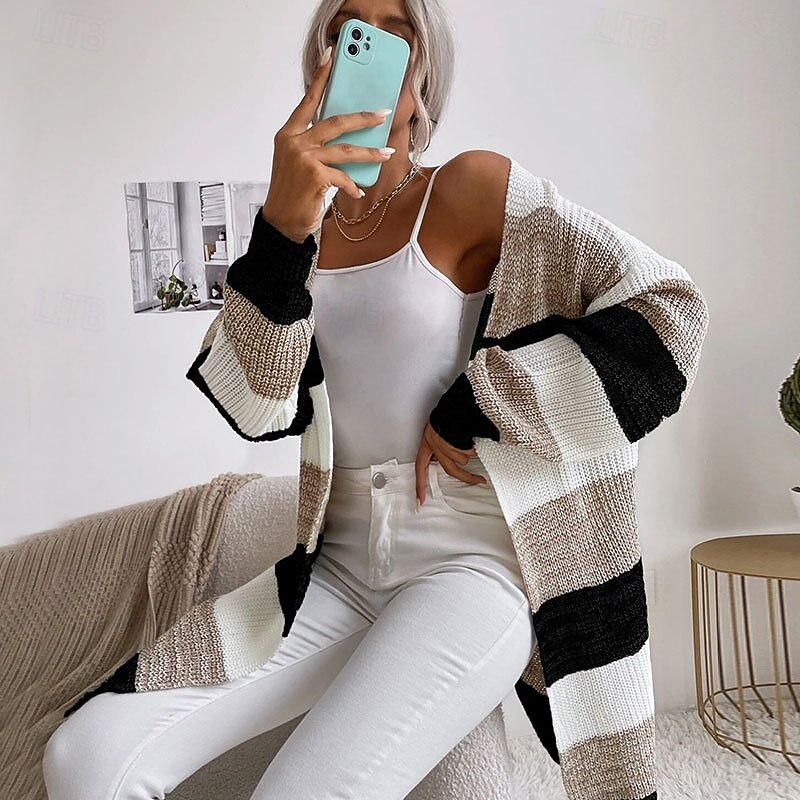 Women's Cardigan Fashion Daily Casual Striped Print Open Front Knitted Long Sleeve Long Tops Knit Work Black Gray Fall Winter2