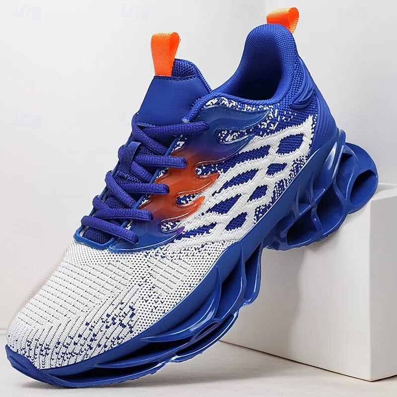 Men's Blue Athletic Sneakers with Unique Hollow Sole Design, Breathable Knit Upper, and Flame Detail – Lightweight Running Shoes with Orange Accents2