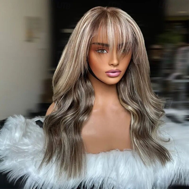 Remy Human Hair 13x4 Lace Front Wig With Bangs Brazilian Hair Wavy Multi-color Wig 130% 150% Density Highlighted / Balayage Hair 100% Virgin Glueless For Women Long Human Hair Lace Wig3