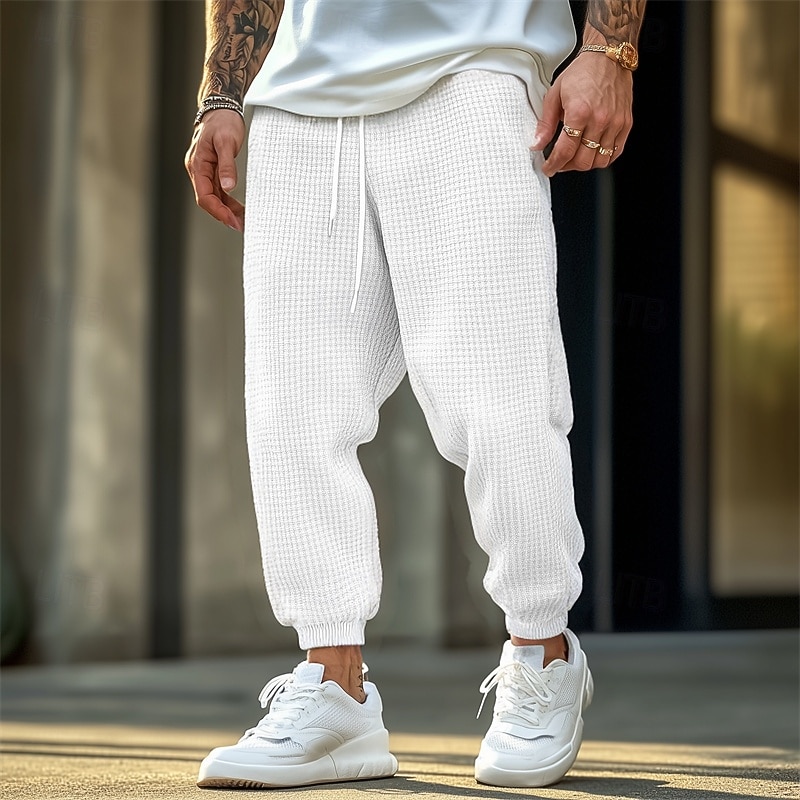 Men's Sweatpants Joggers Trousers Waffle Pants Drawstring Elastic Waist Plain Comfort Soft Full Length Outdoor Casual Daily Sports Fashion Black White
