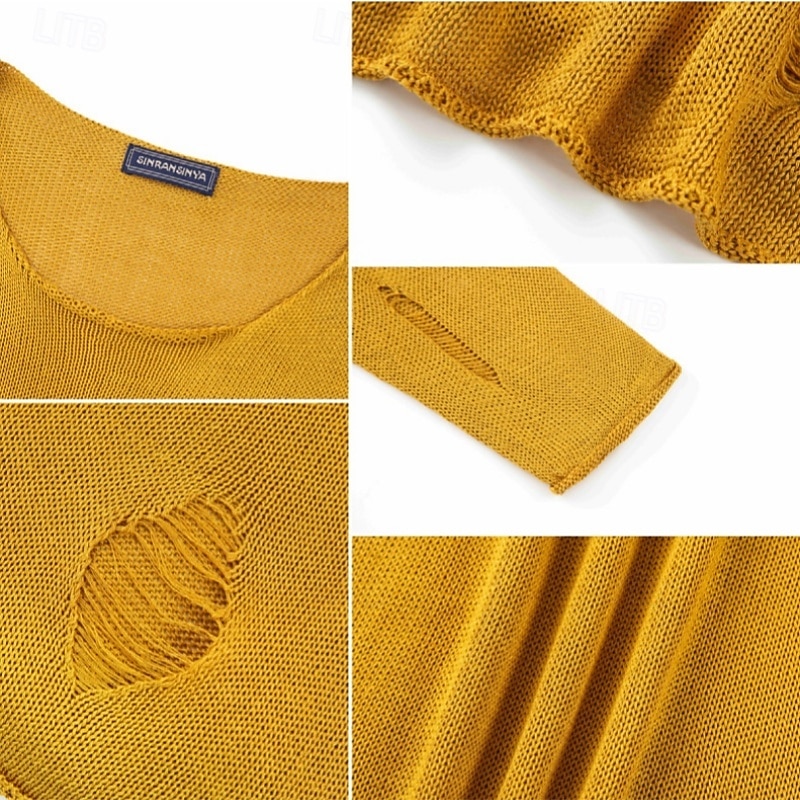 Men's T Shirt Knit Tee Long Sleeve Crewneck Spring &  Fall Solid Color Traditional / Vintage Ripped Outdoor Home Sports & Outdoor Yellow Top Tee for Men3