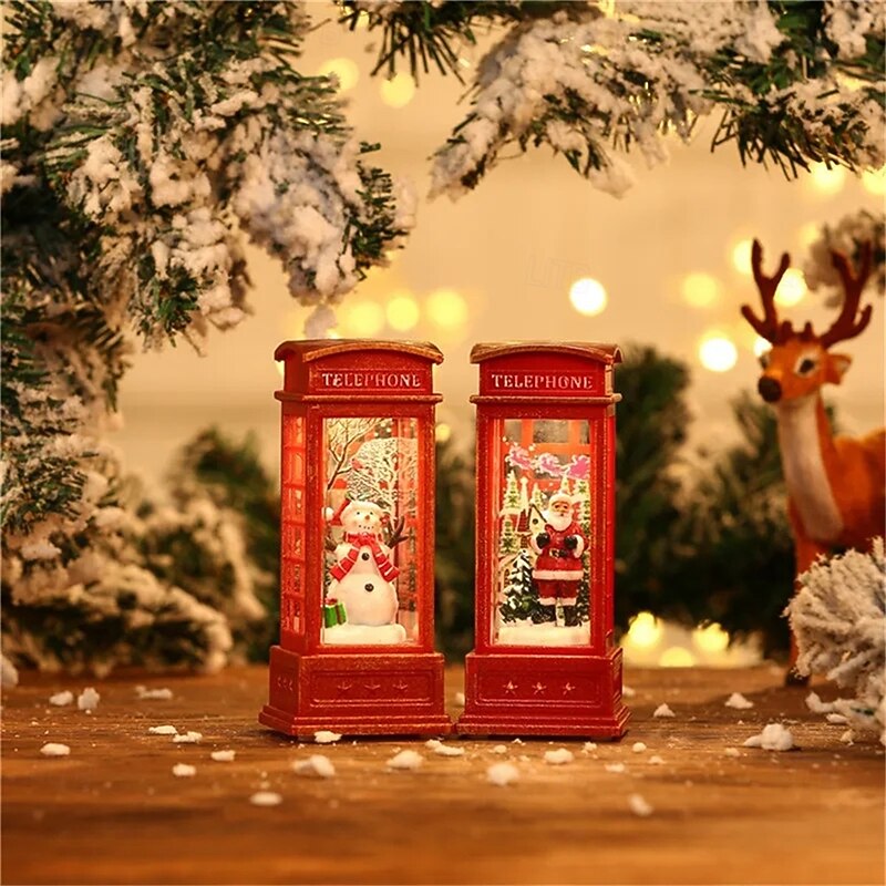 Christmas Red Vintage Luminous Phone Booth Lantern Christmas Tree Snowman Santa Claus Figurine in Telephone Booth decoration  1PC2