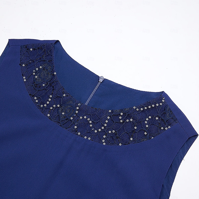 Women's Wedding Guest Cocktail Dress Chiffon Daily Fashion Patchwork Sequin Casual   Elegant Two Piece Dress Set Fall Winter Midi Dress Crew Neck 3/4 Length Sleeve Plain Navy Blue4