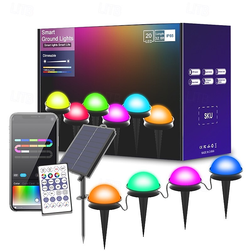 LED Smart Light Solar Outdoor Ground Plug Light, IP68 Waterproof 5050 LED Beads RGB Rainbow Light String for Courtyard Garden Lawn Festival Wedding Party Atmosphere Decoration