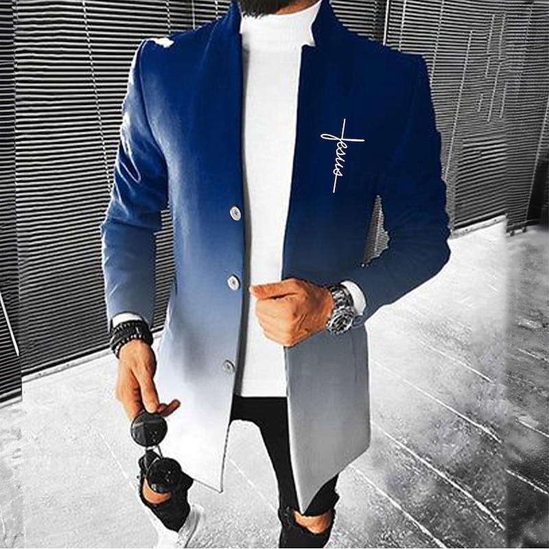 Men's Graphic Prints Cross Gradual Winter Coat Overcoat Coat Warm Comfortable Breathable Fashion Streetwear Business Work Wear to work Going out Pocket Print Fall & Winter Turndown Long Sleeve Red2