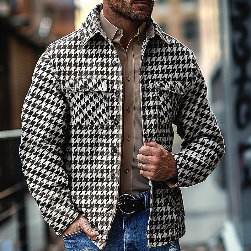 Men's Plaid Geometric Pattern Cowboy Shirt Jacket Overshirt Long Sleeve Vintage Casual Daily Wear Going out Fall & Winter Collared Shirts Buttons 3D Print 2 Pockets Black-white