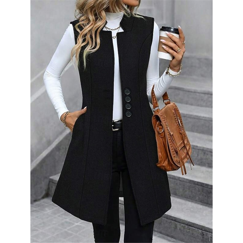Women's Vest Outdoor Street Daily Wear Fall Winter Regular Coat Regular Fit Thermal Warm Breathable Stylish Casual Jacket Sleeveless Plain with Pockets Black2