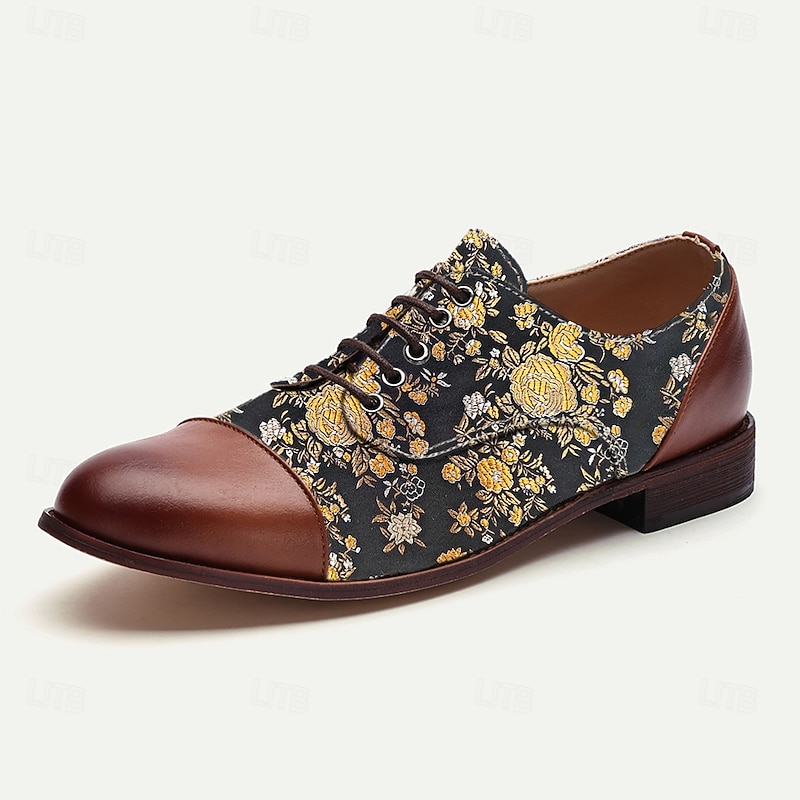 Men's Floral Jacquard Oxford Shoes with Faux Leather Toe Cap and Heel – Vintage Style Dress Shoes for Formal Events2