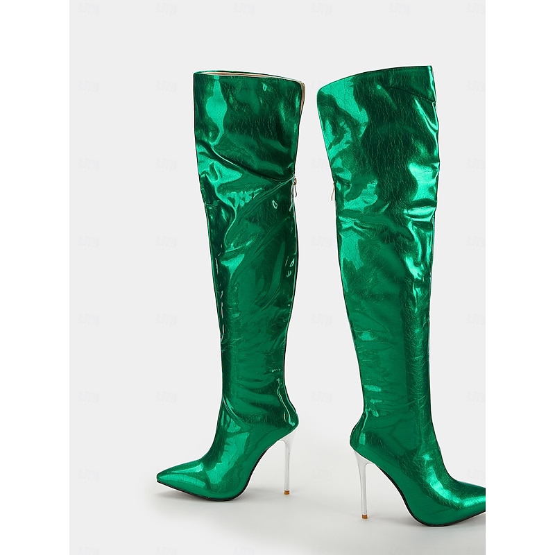 Women's Metallic Green Thigh-High Stiletto Boots with Pointed Toe, Sexy High Heel Over-the-Knee Boots for Parties and Fashion Events4