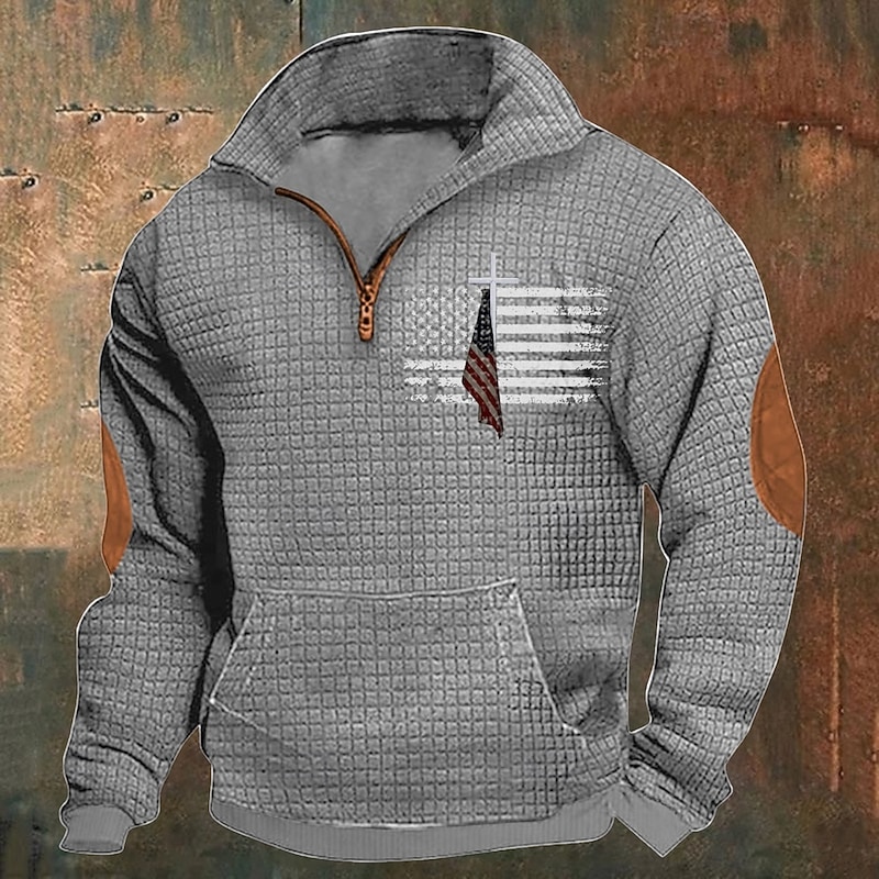 Men's Sweatshirt Waffle Sweatshirt Quarter Zip Sweatshirt Black Navy Blue Khaki Light Grey Gray Half Zip National Flag Patchwork Ribbed Front Pocket Sports & Outdoor Daily Holiday Polyester3