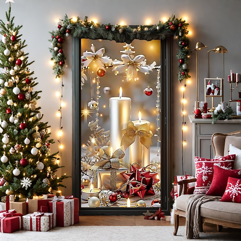 Christmas Door Decorations Door Covers Xmas Candle Gifts Door Tapestry Door Curtain Stained Glass Decoration Backdrop Door Banner for Front Door Farmhouse Holiday Party Decor Supplies Indoor/Outdoor3