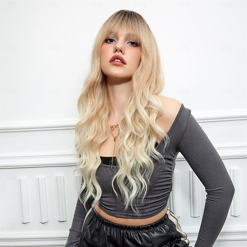 Synthetic Wig Curly Wavy Neat Bang With Bangs Machine Made Wig 26 inch Light Blonde Synthetic Hair Women's Cute Cosplay Party Blonde4