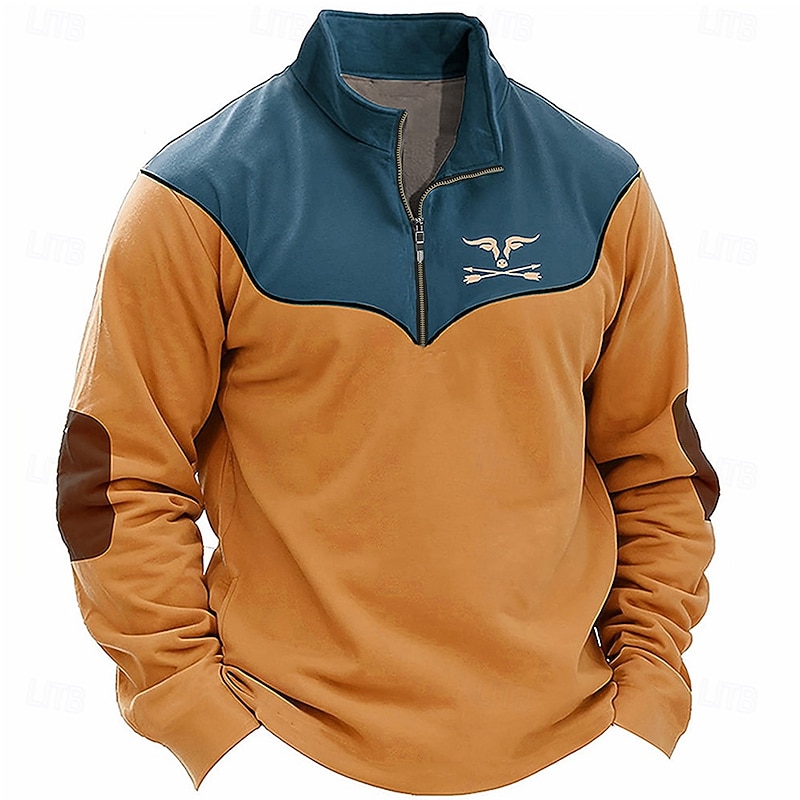 Men's Cow Hunting Sweatshirts Quarter Zip Sweatshirt Long Sleeve Sweatshirt Stand Collar Vintage Retro Western Cowboy 3D Print Hunting 3D Print Winter Spring &  Fall