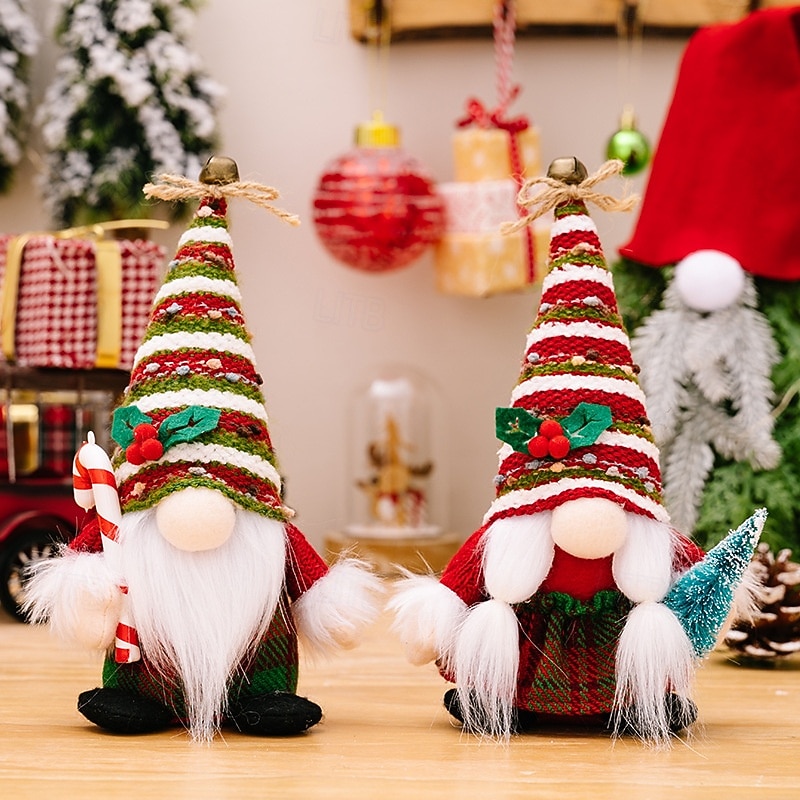Christmas Gnome Figurines - Knitted Striped Hat with Bell, Holding Peppermint Candy Cane, Nordic Rudolph and Christmas Tree Decorations, Festive Holiday Ornaments