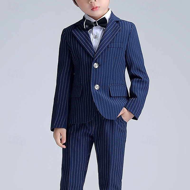 3 Pieces Ring Bearer Suit Boys Kids Suit Formal Suit Suit & Blazer Formal Set Formal Party Fashion Cool Stripe Pocket Black Navy Blue Polyester4
