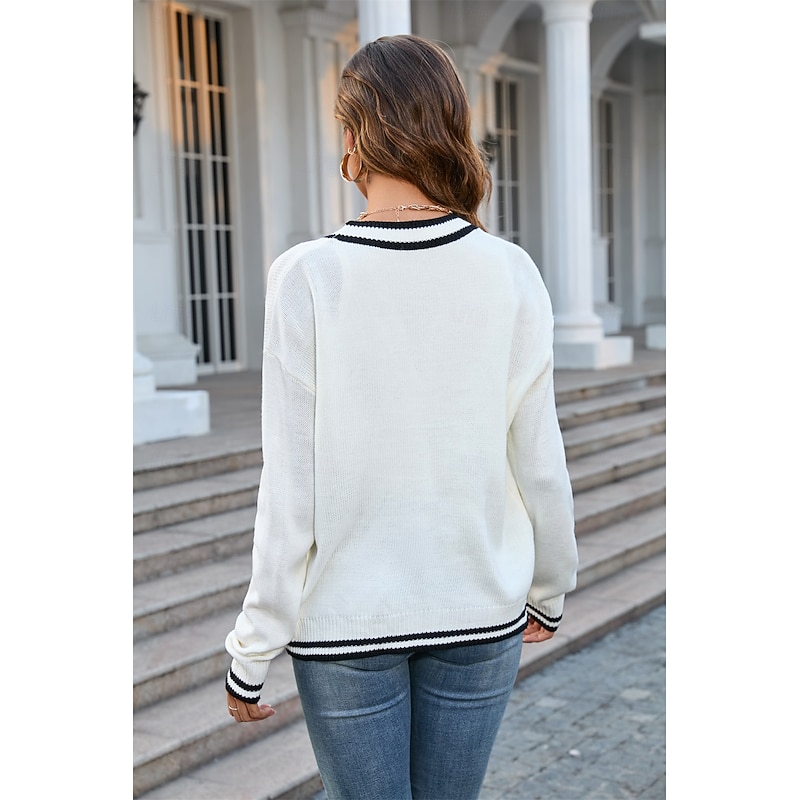 Women's Cardigan Fashion Streetwear Daily Color Block Open Front Knitted Long Sleeve Long Tops Knit Work White Navy Blue Fall Winter 8