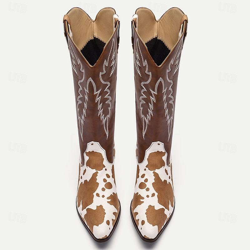 Men's Brown and White Cow Print Western Cowboy Boots – Embroidered Faux Leather Design, Perfect for Rodeos, Casual Wear, and Country Fashion3