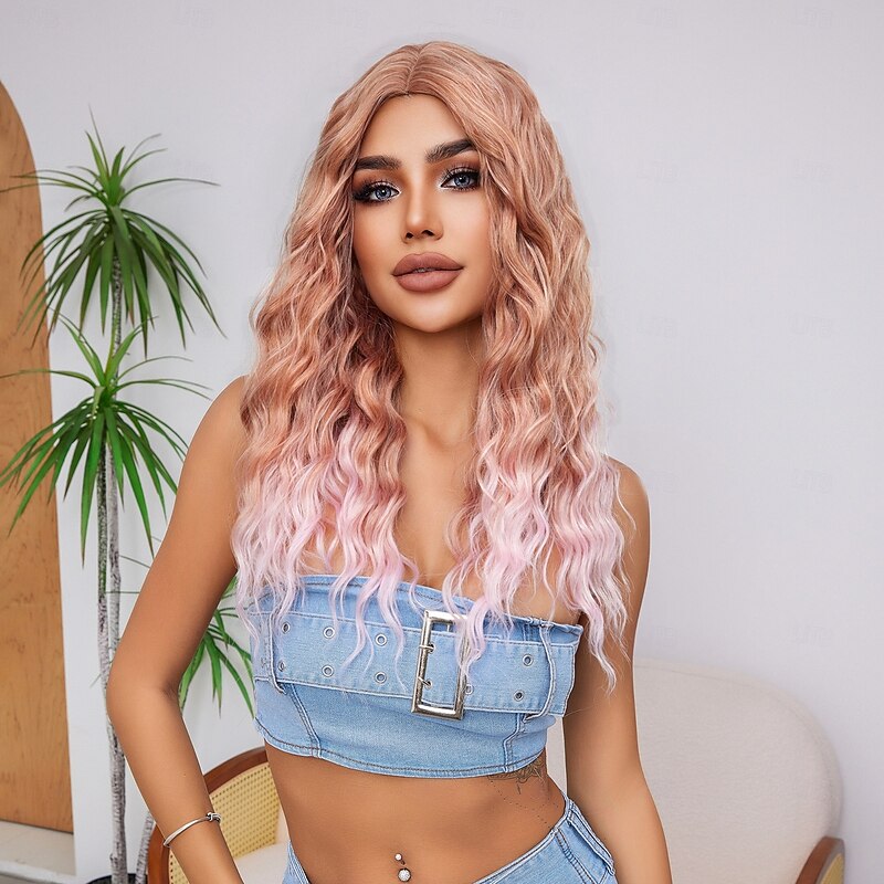 Synthetic Wig Uniforms Career Costumes Princess Curly Deep Curly Middle Part Layered Haircut With Bangs Machine Made Wig 26 inch Gold Pink Synthetic Hair Women's Cosplay Party Fashion Pink3