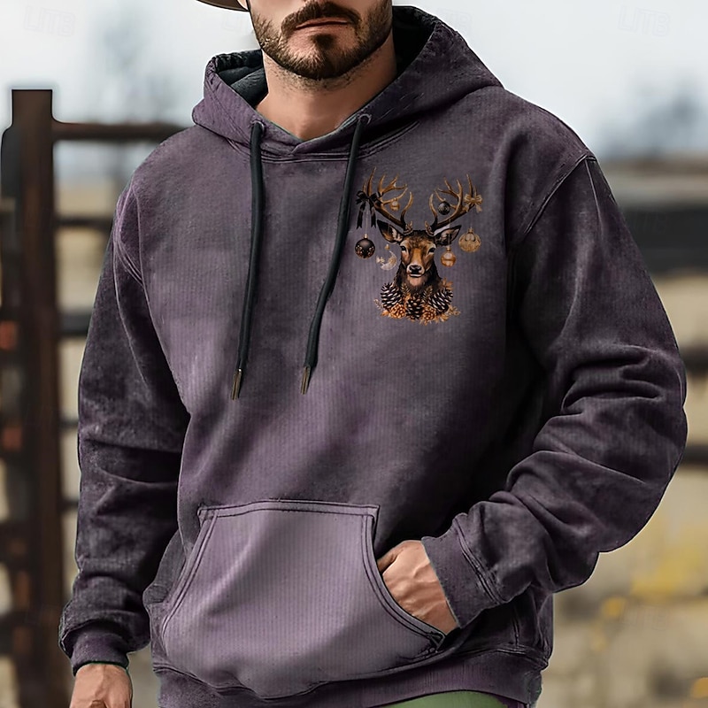 Christmas Men's Elk Hoodie Hoodies Sweatshirt Fashion Cowboy Long Sleeve Hooded Blue Purple Pocket 3D Print Fall Winter Designer