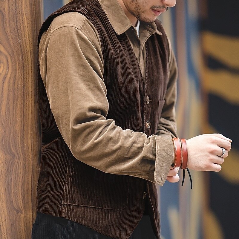 Men's Vest Gilet Daily Date Vacation Fashion Casual Spring &  Fall Buttons Pocket Polyester Corduroy Comfortable Plain Single Breasted One-button V Neck Regular Fit Black Army Green Dark Blue Coffee3