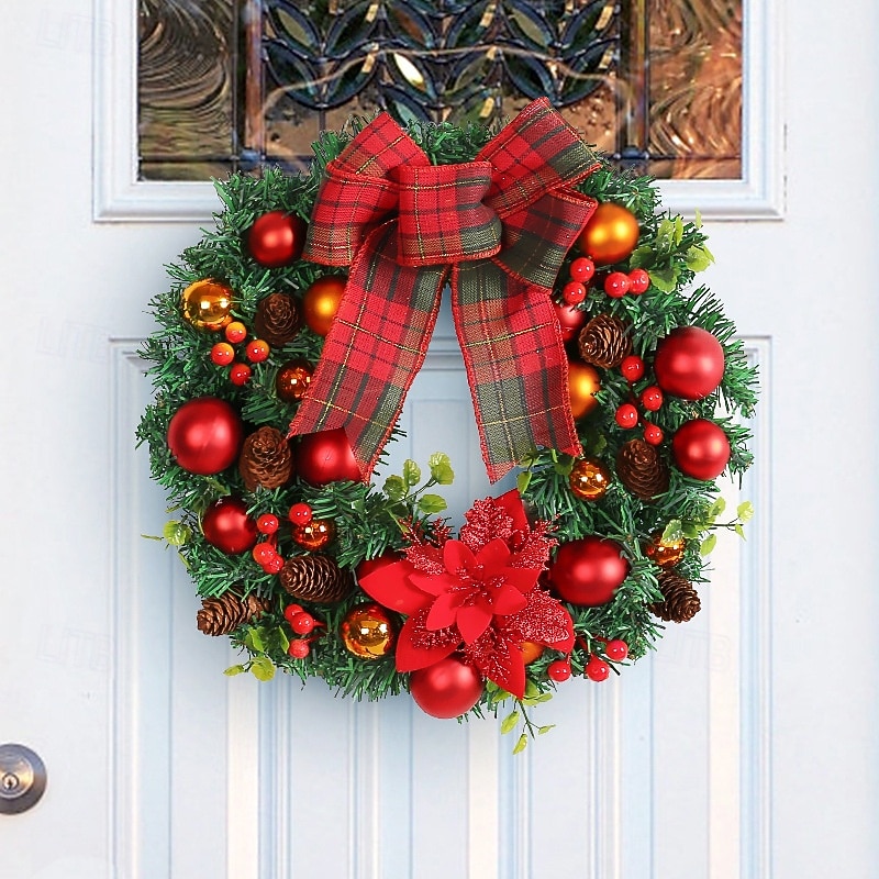 Christmas Wreath Outdoor for Front Door Winter Wreath Window Wall Decoration with Red Bow and Xmas Ornament, Ideal for Mall Window Christmas Decoration Hanging Ornament