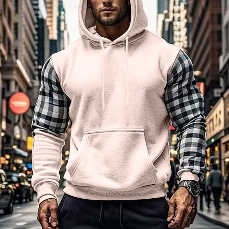 Men's Hoodie Sweatshirt Light Khaki. Brown Khaki Hooded Plaid Patchwork Front Pocket Sports & Outdoor Daily Holiday Streetwear Basic Casual Spring &  Fall Clothing Apparel Hoodies Sweatshirts