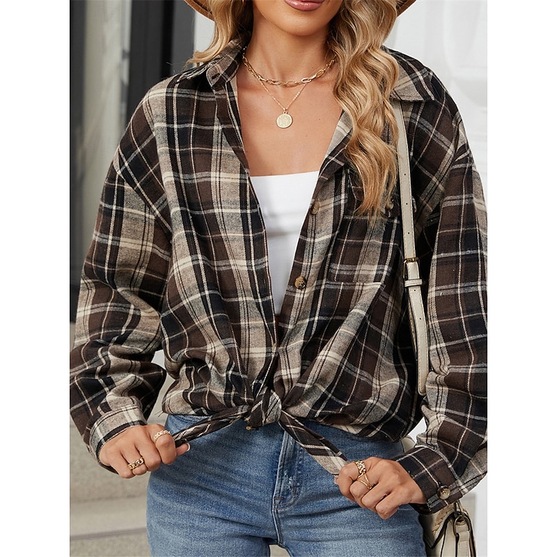 Women's Shirt Jacket Shacket Warm Breathable Buttons Pocket Print Casual Plaid Vacation Street Daily Wear Going out Single Breasted Regular Turndown Regular Fit Long Sleeve Outerwear Brown Green Fall 8