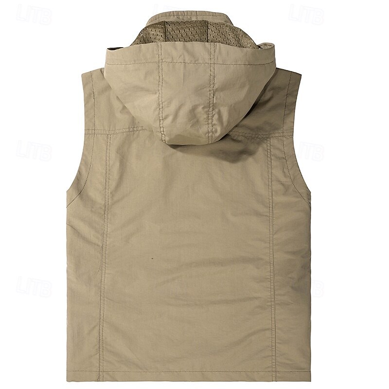 Men's Vest Gilet Fishing Vest Hiking Vest Daily Date Vacation Fashion Casual Spring &  Fall Pocket Detachable Hood Polyester Comfortable Plain Zipper Hooded Regular Fit Black Khaki Army Green Dark2