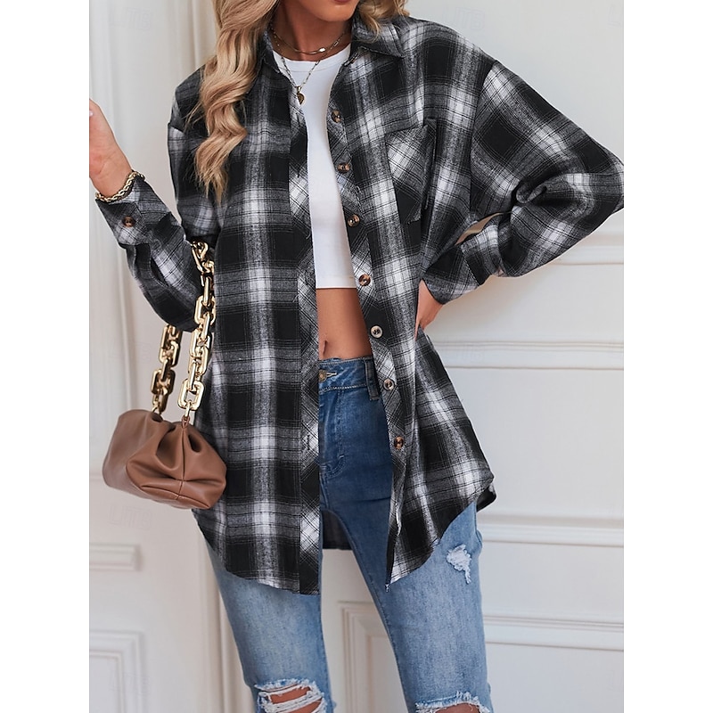 Women's Shirt Jacket Shacket Warm Breathable Buttons Pocket Print Casual Plaid Vacation Street Daily Wear Going out Single Breasted Regular Turndown Regular Fit Long Sleeve Outerwear Black Red Green4