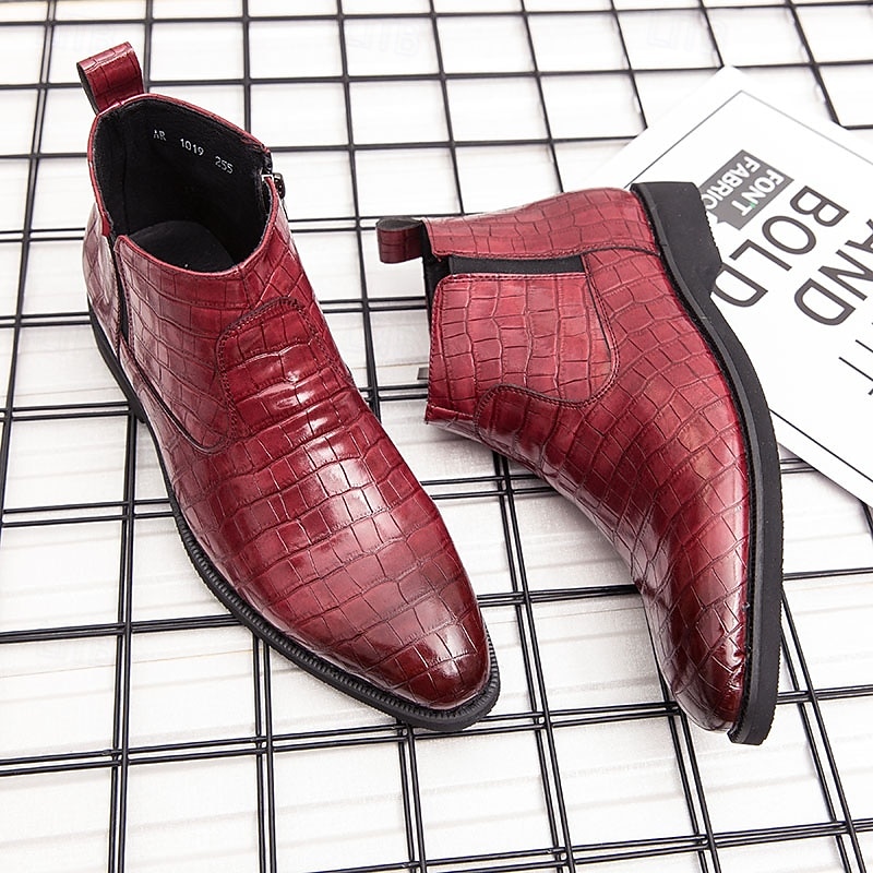 Men's Red Crocodile Pattern Chelsea Boots - Sleek Patent Faux Leather Ankle Boots for Christmas,Formal Events and Parties3